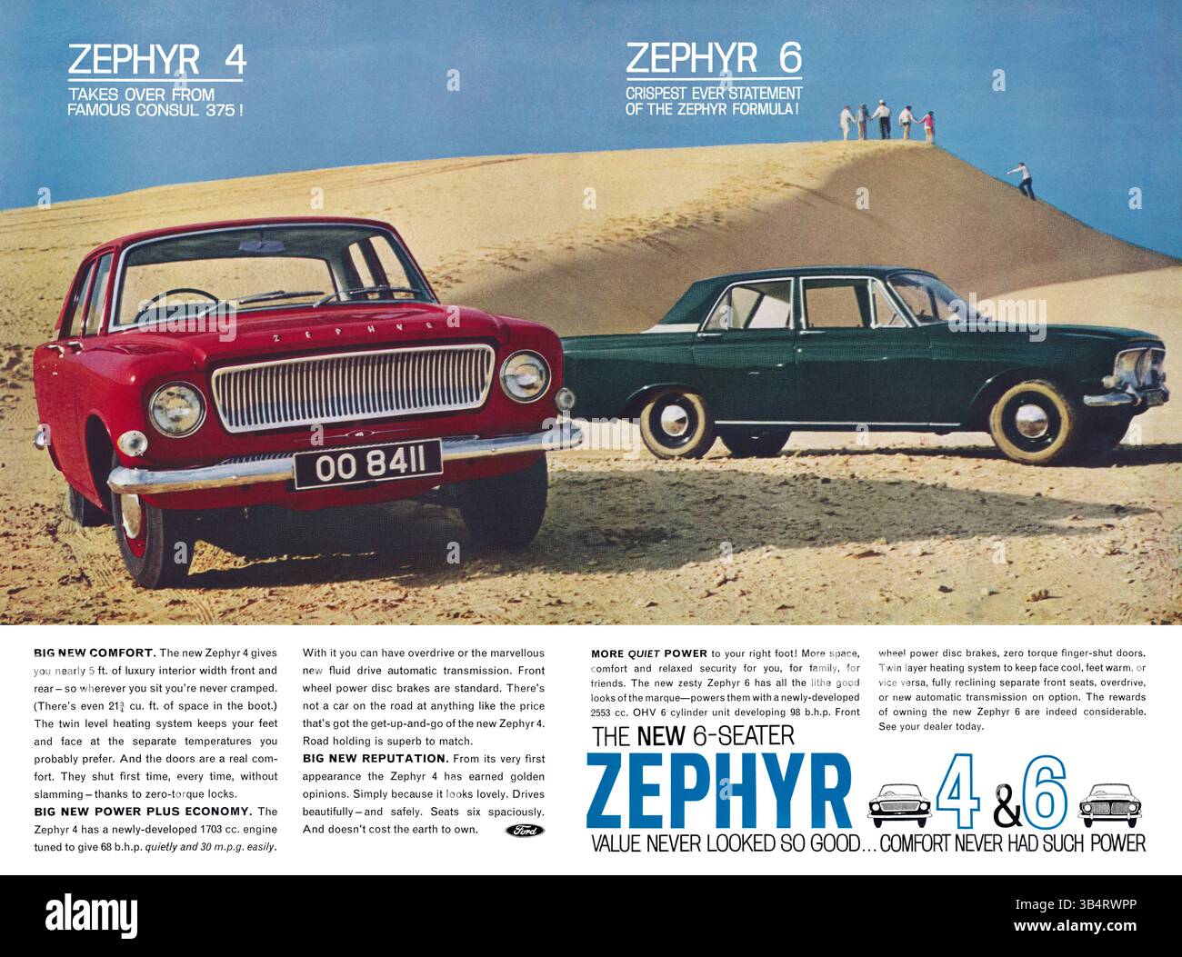 1962 britische Werbung für Ford Zephyr 4 und Ford Zephyr 6 Limousine. Stockfoto