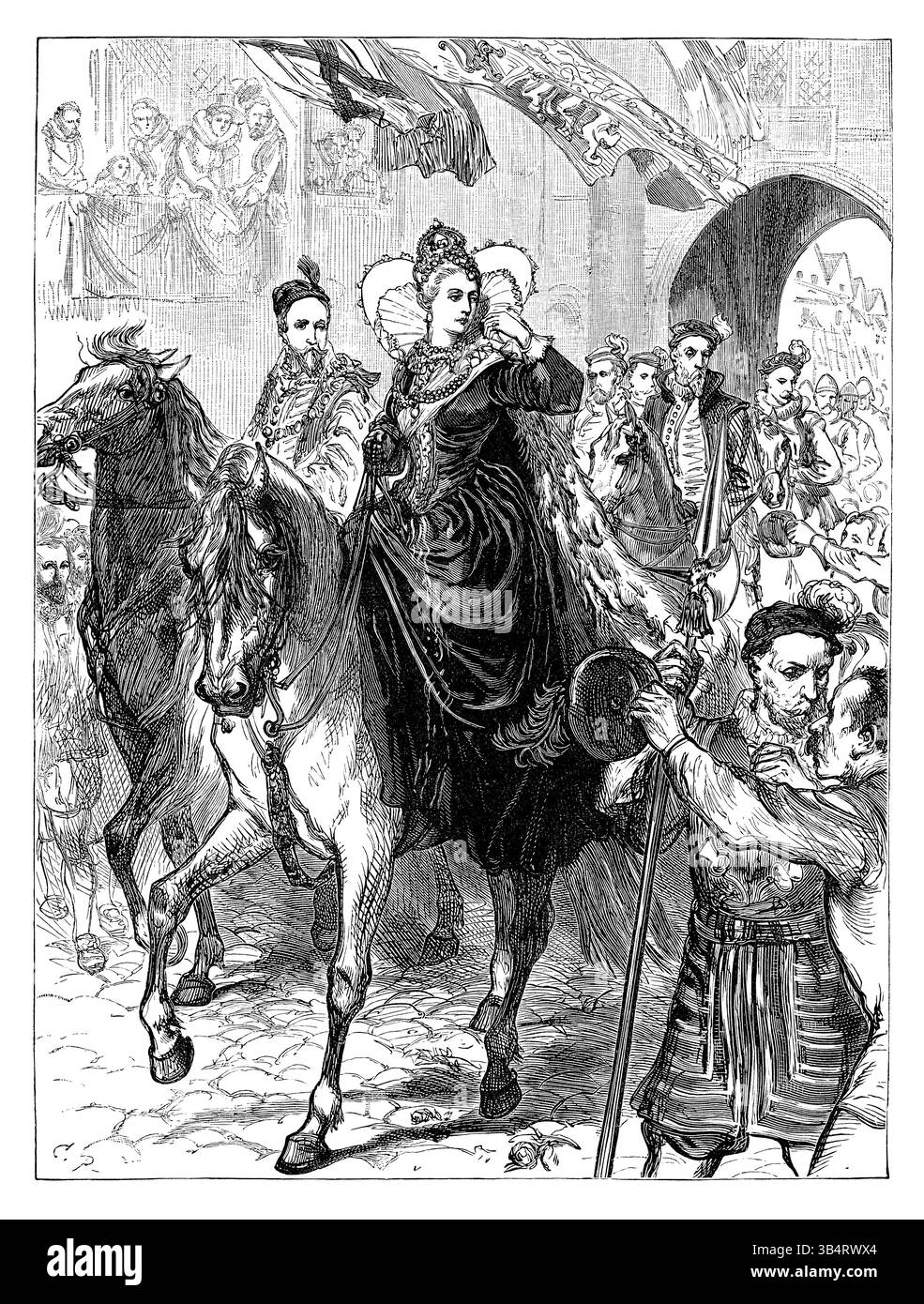 Viktorianischer Vintage-Holzstich der Königin Elizabeth I., die kurz vor ihrer Krönung im Januar 1559 im Alter von 25 Jahren nach London kam. Stockfoto