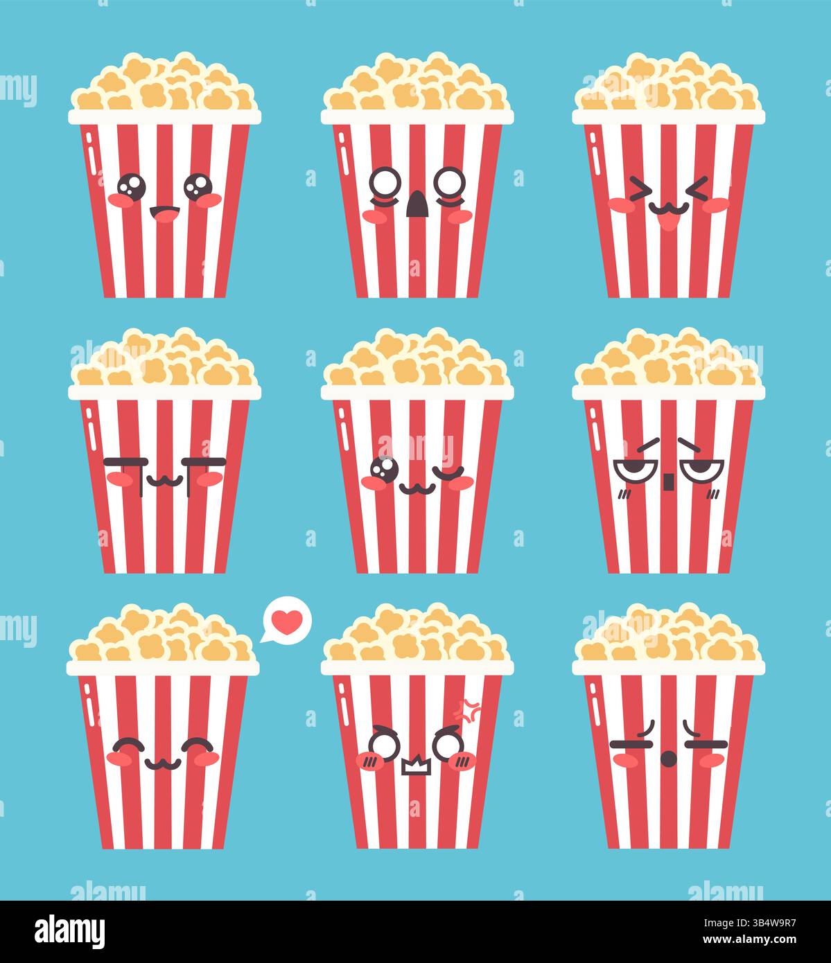 Niedliche Popcorn-Eimer-Figuren mit Emoji im Manga-Stil. Popcorn-Zeichentrick-Maskottchen-Emoji-Set. Vektorabbildung Stock Vektor