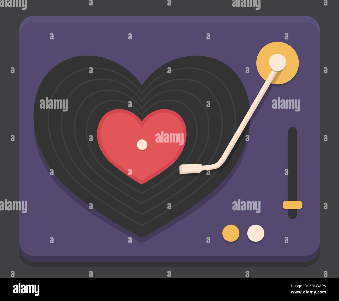 Retro-Schallplattenspieler mit Schallplatte in Herzform. Draufsicht. Vektorabbildung Stock Vektor