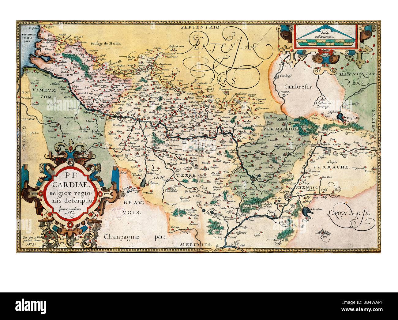 Picardiae, Belgicae Regionis Descriptio, antike Karte von Picardie und Belgien, europäische Karte aus dem 17. Jahrhundert, Vintage-Kartographie Stockfoto