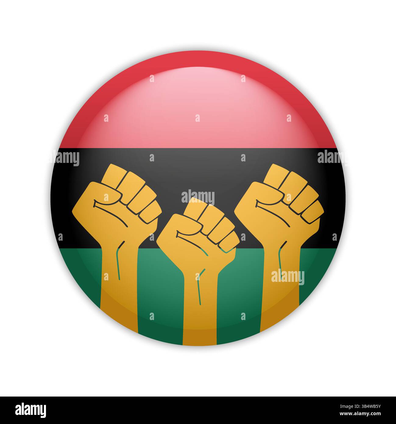 Schwarzes Jubiläumsmonat Hochglanz-Pin-Abzeichen mit roter, schwarzer, grüner Flagge und erhobenen Fäusten. Vektorabbildung Stock Vektor