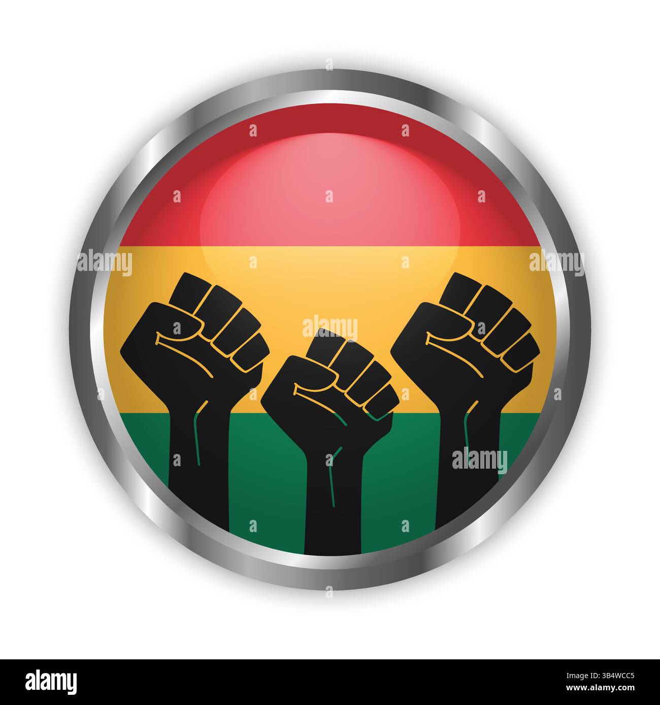 PIN-Knopf mit roter, gelber, grüner Fahne und erhobenen Fäusten. Feierlichkeiten zur schwarzen Geschichte. Rundes Abzeichen mit silbernem Rahmen. Vektorabbildung Stock Vektor