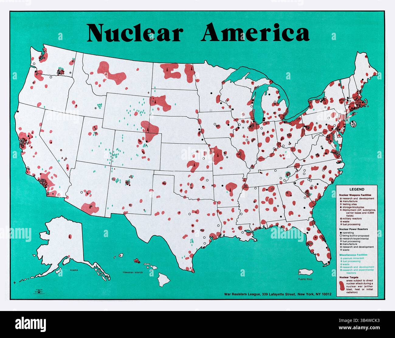 1979 Nuclear America Map, US-Verteidigungskarte des Kalten Krieges, Atomkraftwerke, Raketenstandorte, Fallout-Zonen, strategische Infrastruktur Stockfoto