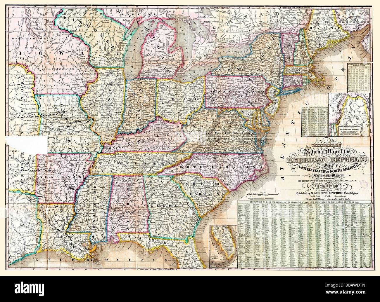 Mitchell’s National Map of the American Republic, Vereinigte Staaten von Nordamerika mit Stadtplänen, antike amerikanische Karte aus den 1840er Jahren Stockfoto