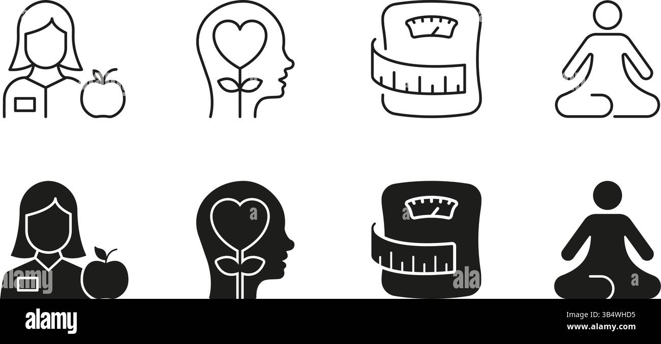 Health and Wellness Line und Solid Symbolsatz. Fitness, Achtsamkeit und Ernährung Symbol Kollektion. Abbildung Des Isolierten Vektors Stock Vektor