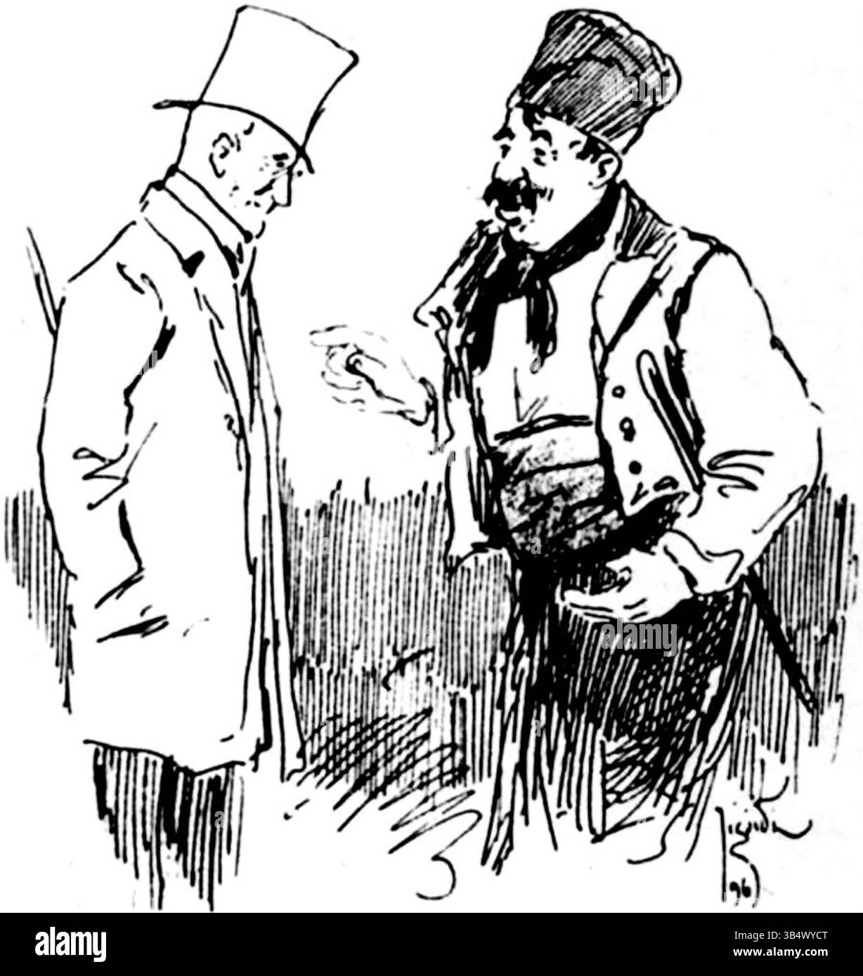Constantin Jiquidis satirischer Cartoon „Tratative“ von 1896 kritisiert Betrug bei den rumänischen Parlamentswahlen. Der Zeichentrick zeigt einen Politiker, der mit einem Wähler verhandelt, wobei dieser eine Gebühr von 20 lei pro Stimme verlangt. Es wurde in Albumul Comic de alegeri veröffentlicht. Stockfoto
