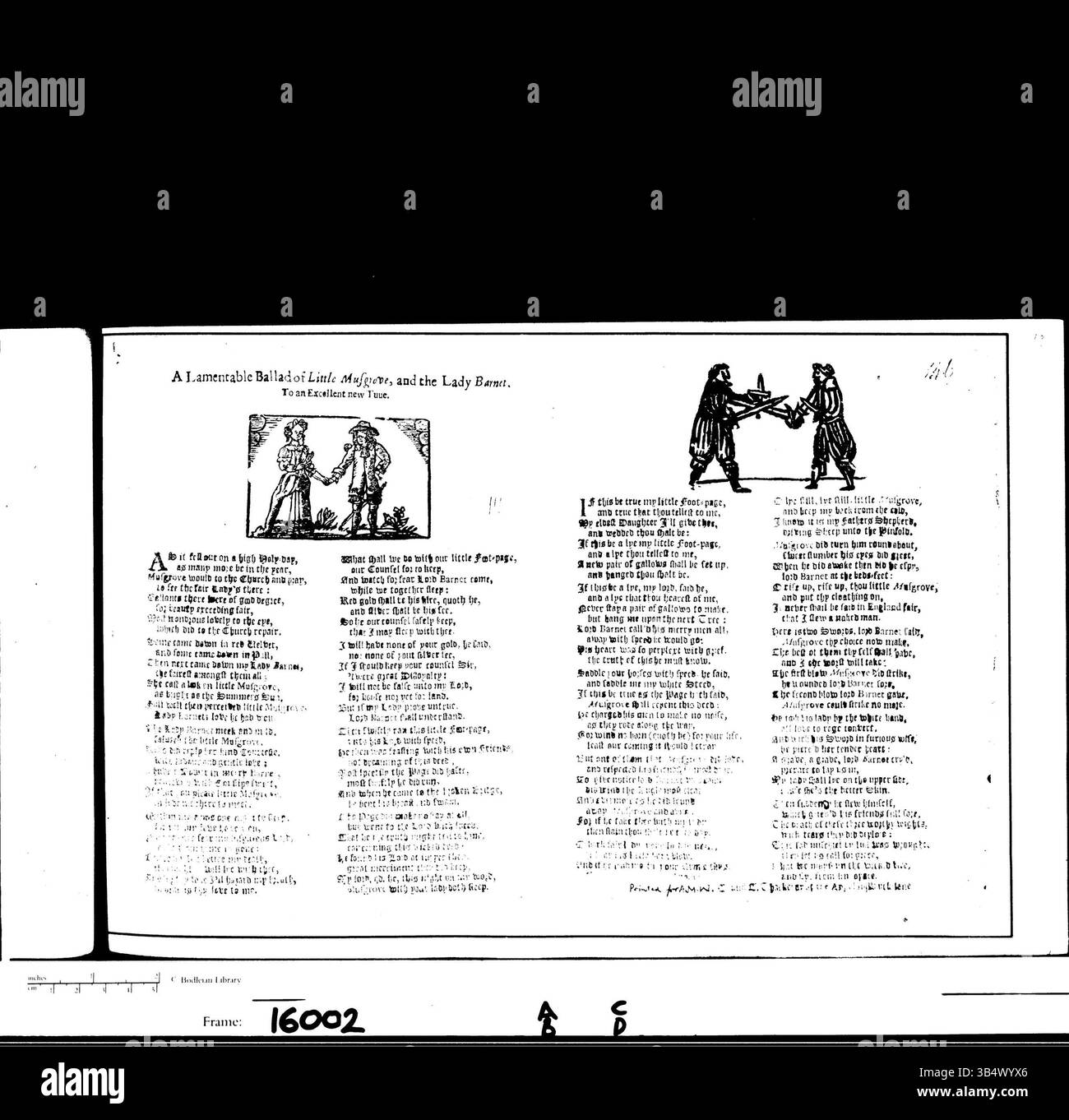 Diese breite Ballade, „A lamentable Ballad of Little Musgrove, and the Lady Barnet“, ist ein englisches Volkslied über tragische Liebe und Verrat. Die Ballade aus dem 17. Jahrhundert erzählt die traurige Geschichte einer Liebesaffäre und ihre verheerenden Folgen. Stockfoto