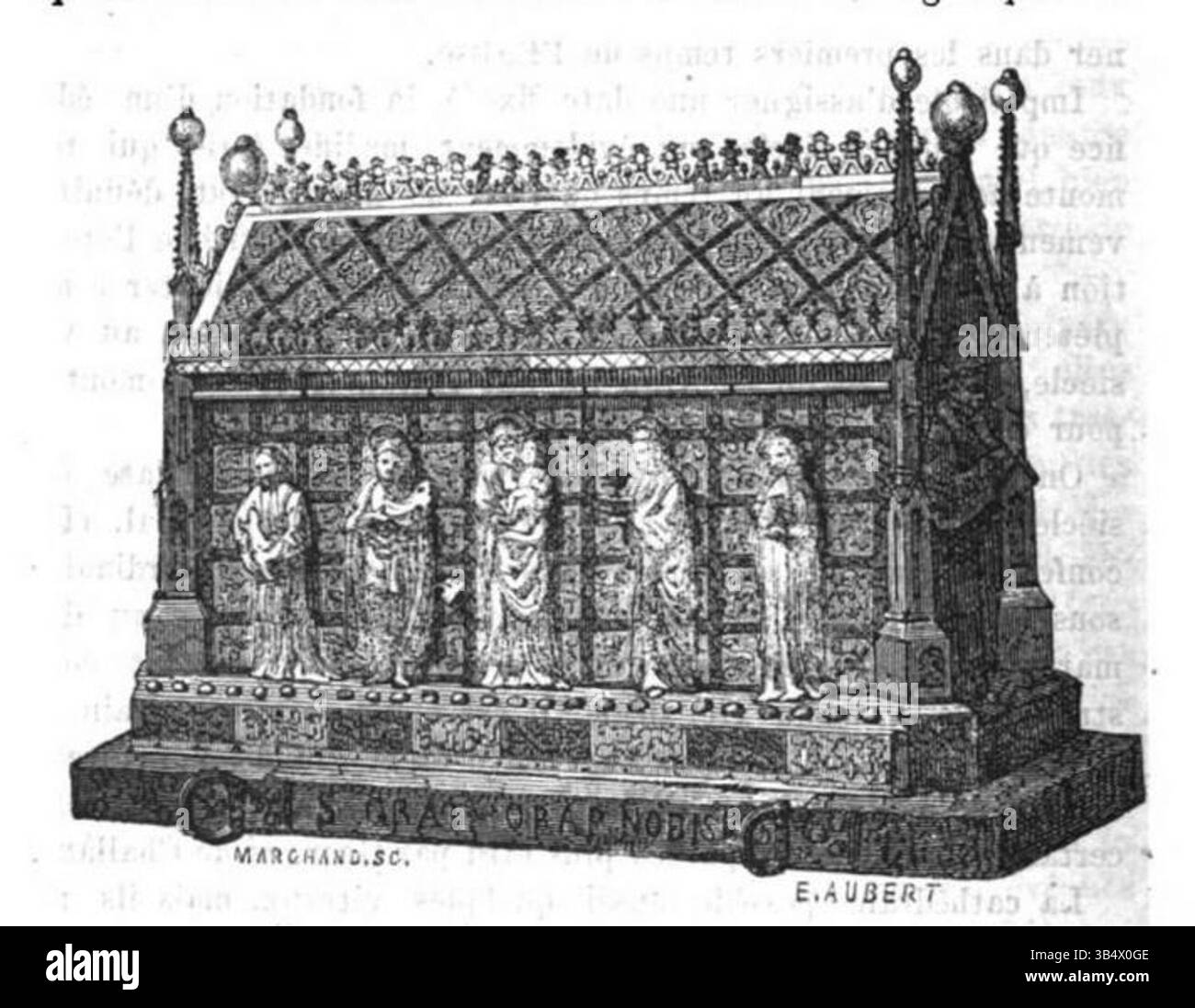 Dieser Stich von Edouard Aubert, der vor 1877 geschaffen wurde, zeigt die Reliquientruhe von St. Grat, die sich im Schatz der Aosta-Kathedrale befindet. Es erfasst die religiöse und künstlerische Bedeutung des Artefakts in einem historischen Kontext. Stockfoto