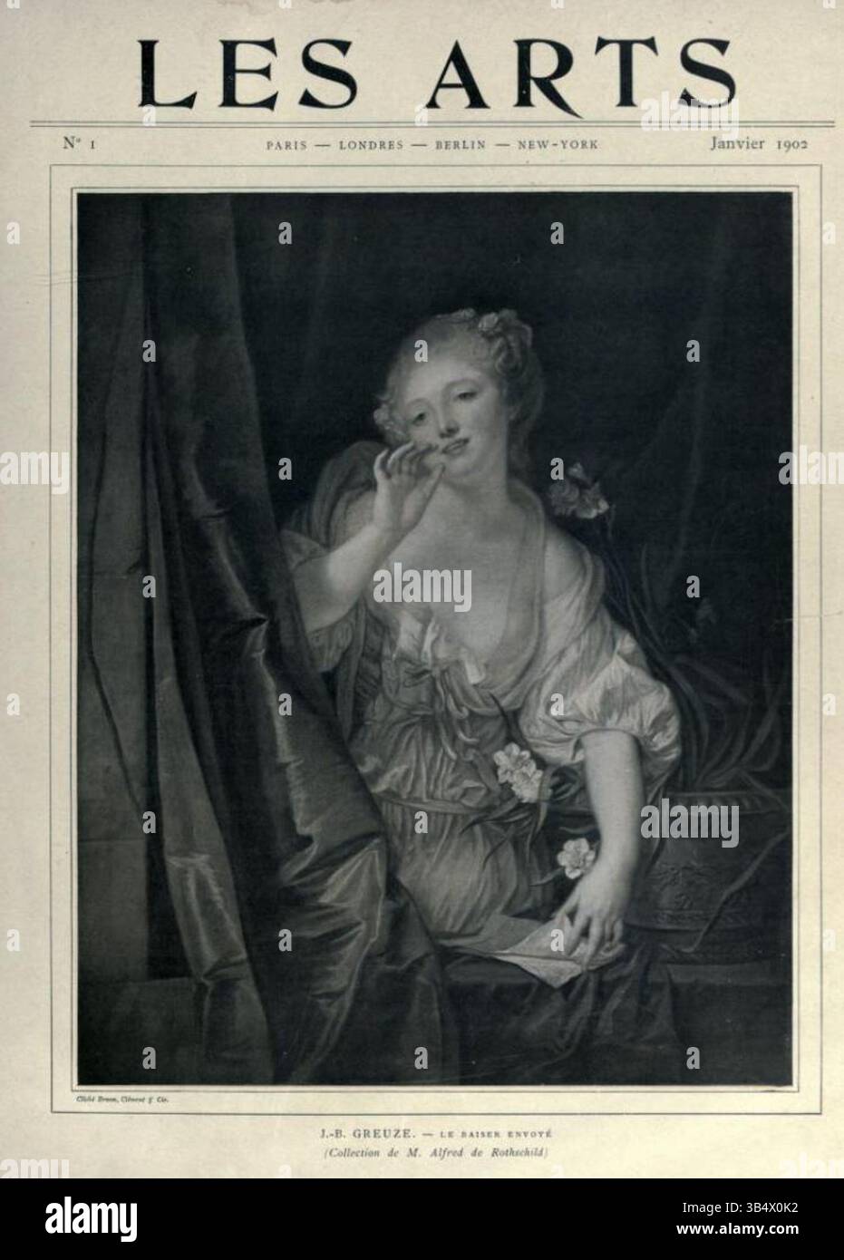 Das Cover der ersten Ausgabe von Les Arts (1902) zeigt das Gemälde Le Baiser envoyé von Jean-Baptiste Greuze. Dieses Stück unterstreicht Greuzes emotionale Tiefe und Geschick in der Porträtfotografie und konzentriert sich dabei auf intime Momente und zarte Ausdrucksformen. Das Gemälde ist Teil der Sammlung Alfred de Rothschild. Stockfoto