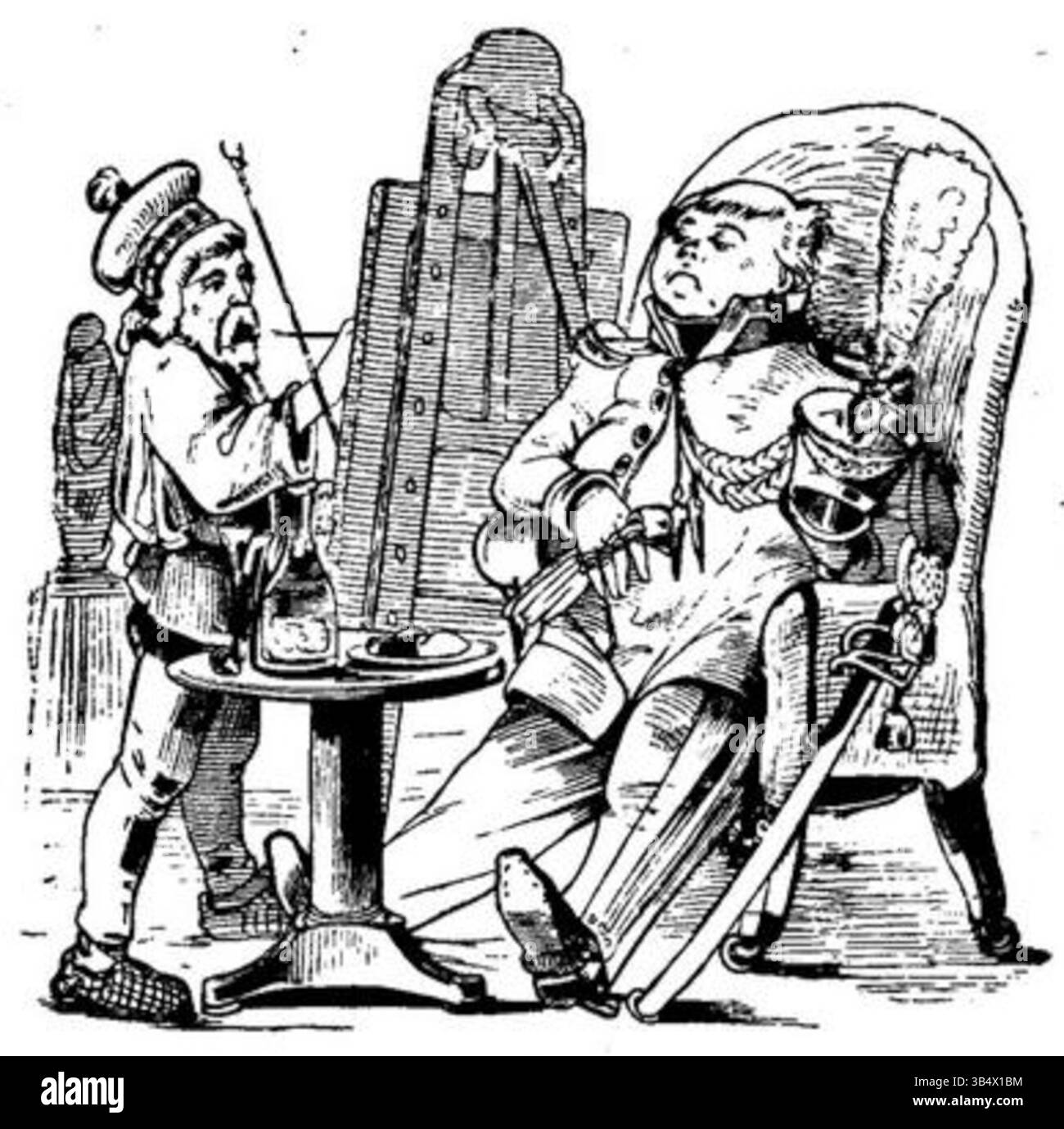 Eine Illustration aus der Ausgabe 1846 der „Fliegende Blätter“, einer deutschen Satirezeitschrift, zeigt eine humorvolle Szene. Das Artwork, das in Band 2, Ausgabe 32, zu sehen ist, ist eine satirische Darstellung, die typisch für den komödiantischen Umgang des Magazins mit zeitgenössischen Ereignissen ist. Stockfoto