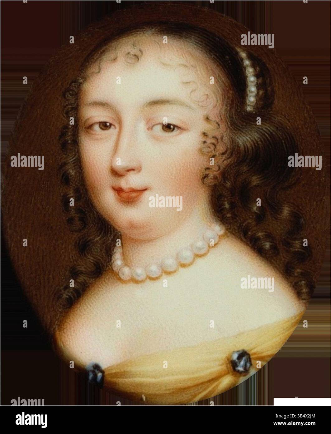 Miniaturporträt von Jean Petitot von Claire Clémence de Maillé-Brézé (1628-1694), Prinzessin von Condé. Diese zwischen 1648 und 1668 gemalte emaillierte Miniatur ist Teil der Royal Collection. Stockfoto