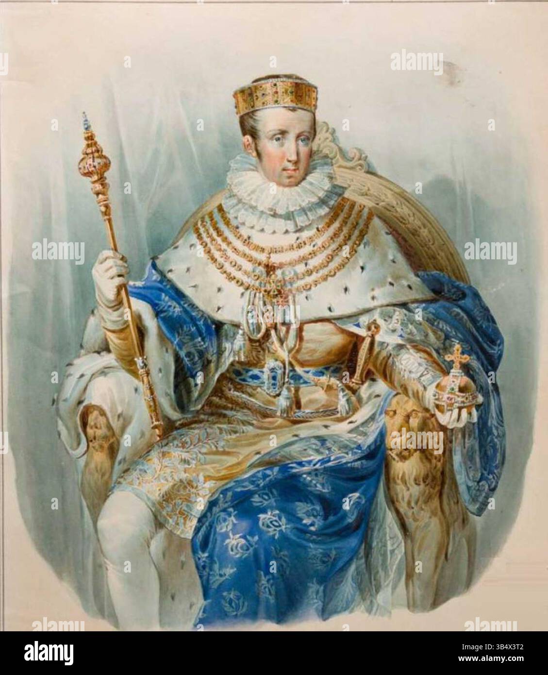 Dieses Porträt aus dem 19. Jahrhundert zeigt König Ferdinand I. von Österreich in seiner Krönungskleidung, die die königliche Pracht der österreichischen Monarchie während seiner Regierungszeit widerspiegelt. Stockfoto