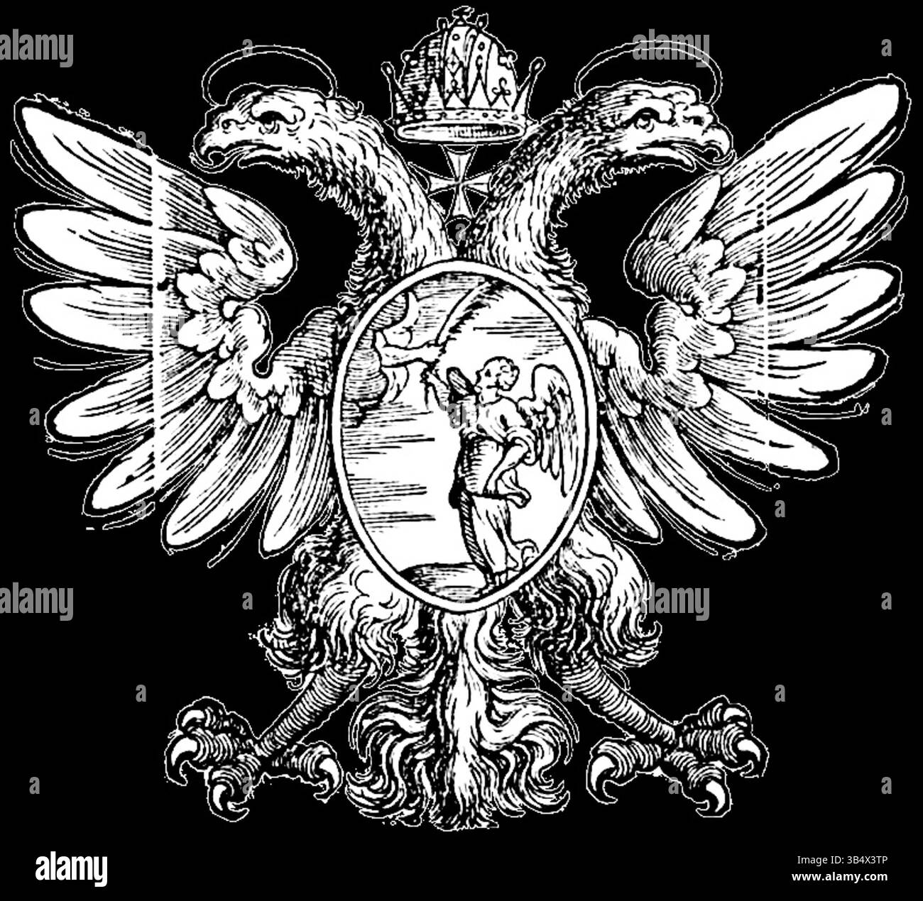 Dieses Wappen aus dem 17. Jahrhundert repräsentiert die Familie Angelo Flavio Comneno, ein Emblem der byzantinischen Adelsfamilie. Das Design zeigt komplizierte heraldische Symbole, die den Status und das historische Erbe der Familie kennzeichnen. Stockfoto