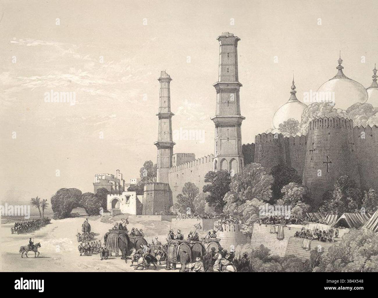 Diese 1847 entstandene Lithografie zeigt den Eintritt von Maharaja Duleep Singh in seinen Palast in Lahore, begleitet von britischen Truppen nach dem ersten Anglo-Sikh-Krieg. Es wurde von James Duffield Harding nach Charles Stewart Hardinge geschaffen und veranschaulicht die Beziehung zwischen britischen Truppen und indischen Königshäusern während dieser Zeit. Stockfoto