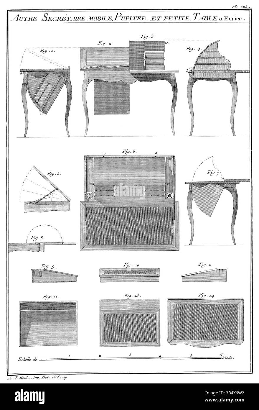 Dieser Stich von André Jacob Roubo aus der „L'Art du Menuisier“ aus dem Jahr 1772 zeigt eine mobile Sekretärin und einen kleinen Schreibtisch. Das von der Académie Royale des Sciences herausgegebene Stück zeigt die praktische Anwendung französischer Handwerkskunst in Büro- und Wohnmöbeln des 18. Jahrhunderts und hebt Mobilität und Funktionalität im Design hervor. Stockfoto