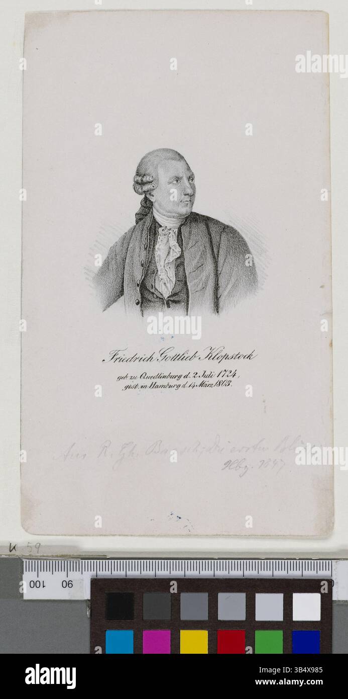 Porträt des in Quedlinburg geborenen deutschen Dichters Friedrich Gottlieb Klopstock, bekannt für seine Beiträge zur deutschen Literatur. Dieses Porträt fängt ihn zu Lebzeiten ein und zeigt sein Vermächtnis in der Kunst und Kultur seiner Ära. Stockfoto