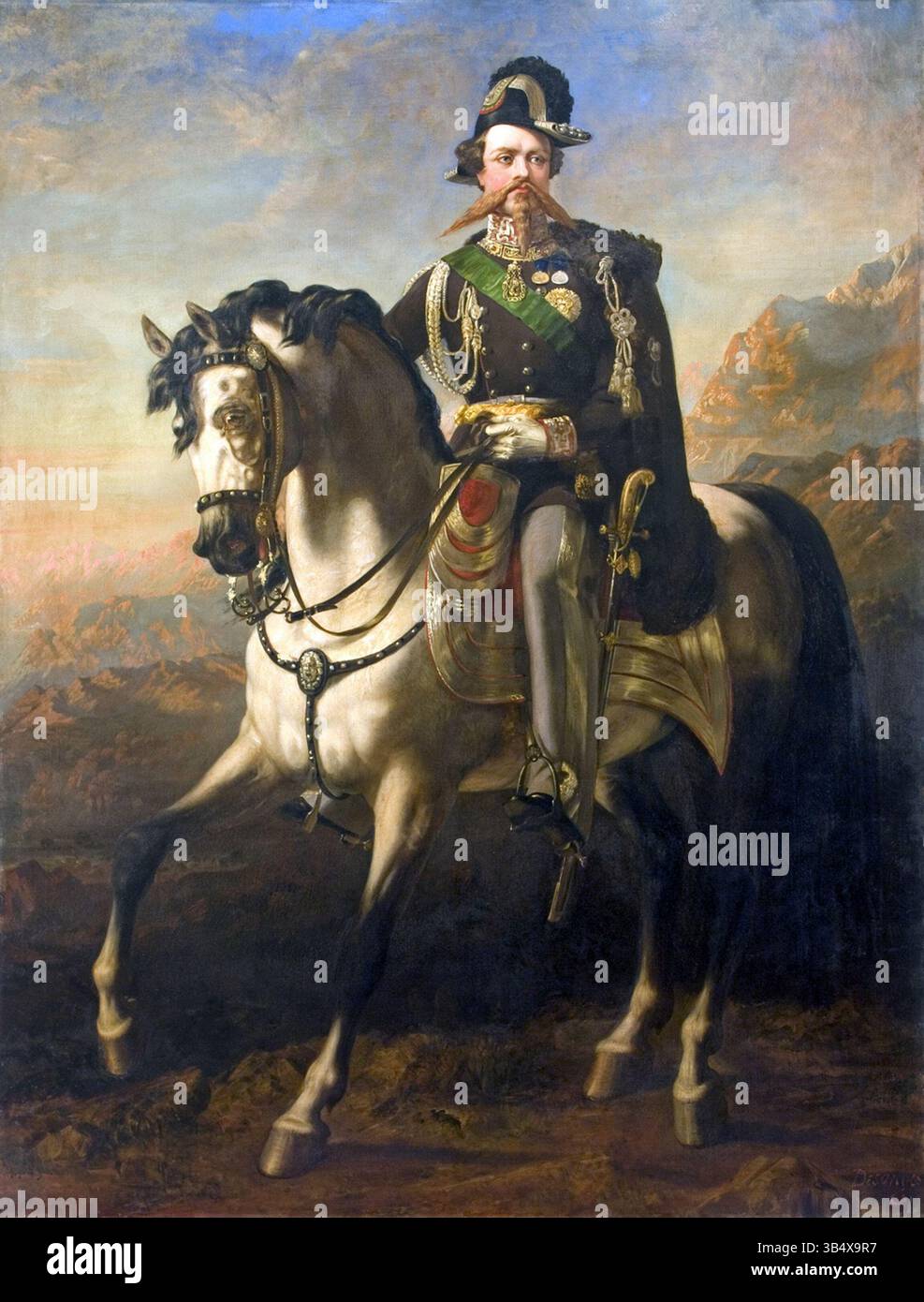 Dieses um 1850 entstandene Porträt von Louis William Desanges zeigt König Victor Emanuel II. Zu Pferd. Das Gemälde fängt die Stärke und die Größe des Monarchen ein und unterstreicht seine königliche Präsenz während seiner Regierungszeit. Stockfoto