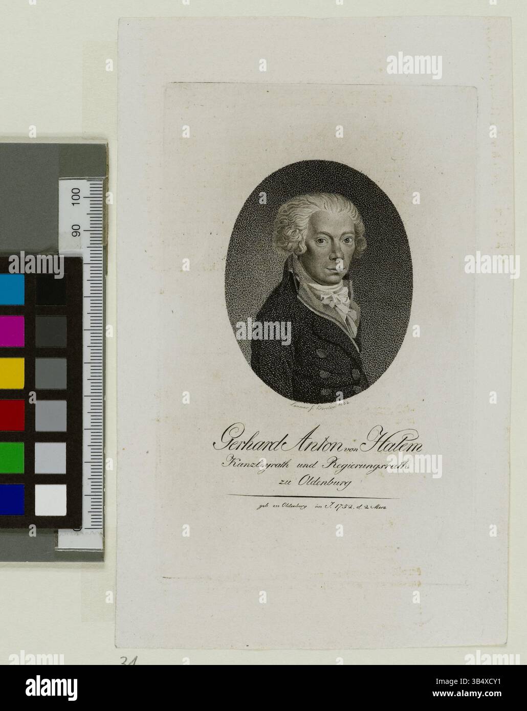 Ein Porträt von Gerhard Anton von Halem, Kanzler und Regierungsrat von Oldenburg aus dem Jahr 1802, erstellt von Johann Daniel Laurenz. Dieser Kupferstich ist Teil der Sammlung der Staats- und Universitätsbibliothek Hamburg Carl von Ossietzky. Stockfoto