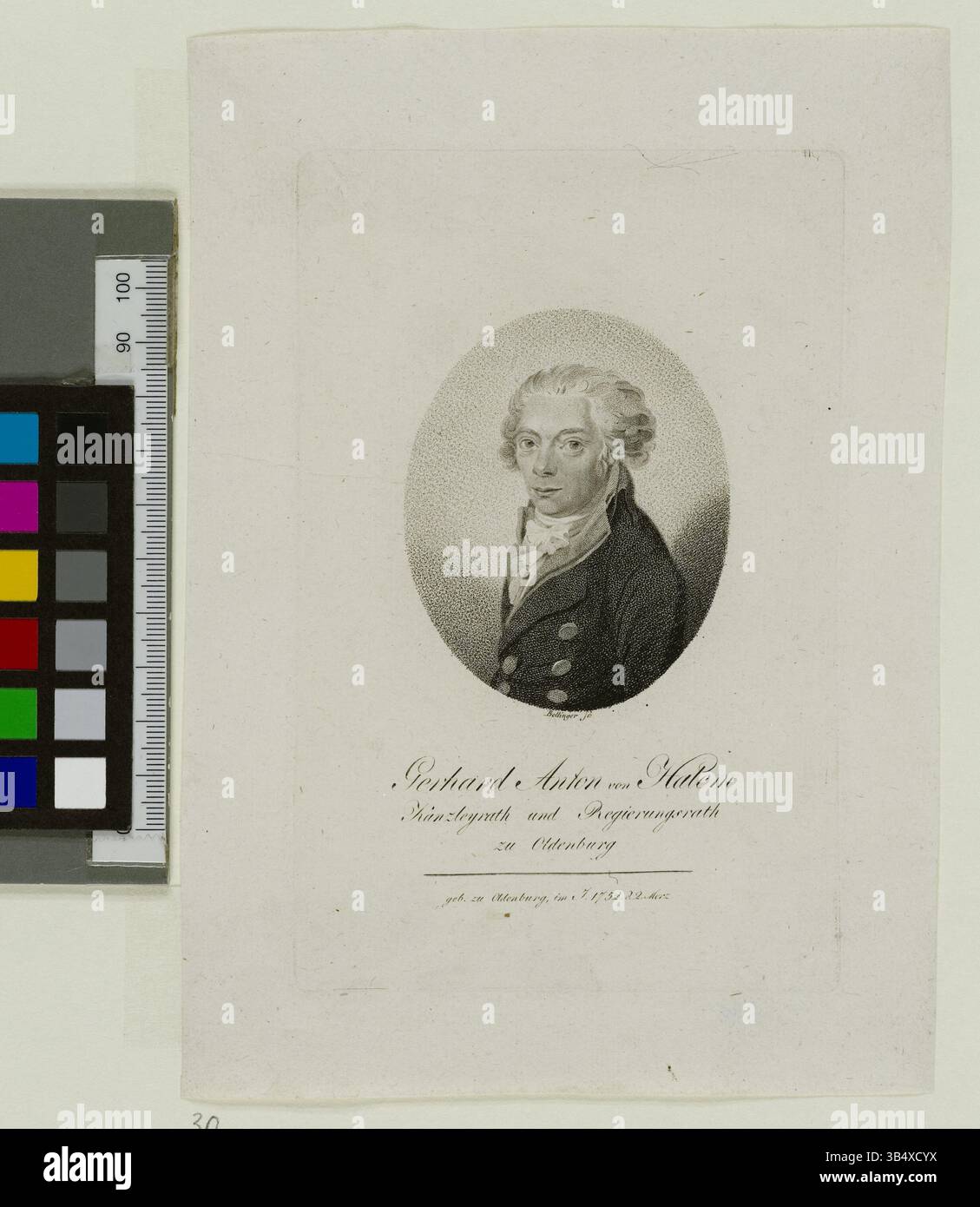 Dieser Kupferstich zeigt den Oldenburger Stadtrat und Regierungsberater Gerhard Anton von Halem. Das Porträt ist in der Staats- und Universitätsbibliothek Hamburg erhalten. Stockfoto
