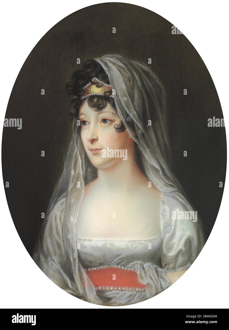 Dieses pastellfarbene Porträt von Hans Christian Vantore, postum zwischen 1879 und 1928, zeigt Königin Marie von Dänemark, die Frau von König Frederik VI. Die zarte Technik und emotionale Darstellung erfassen die königliche würde der Königin und ihre Bedeutung in der dänischen Geschichte. Stockfoto