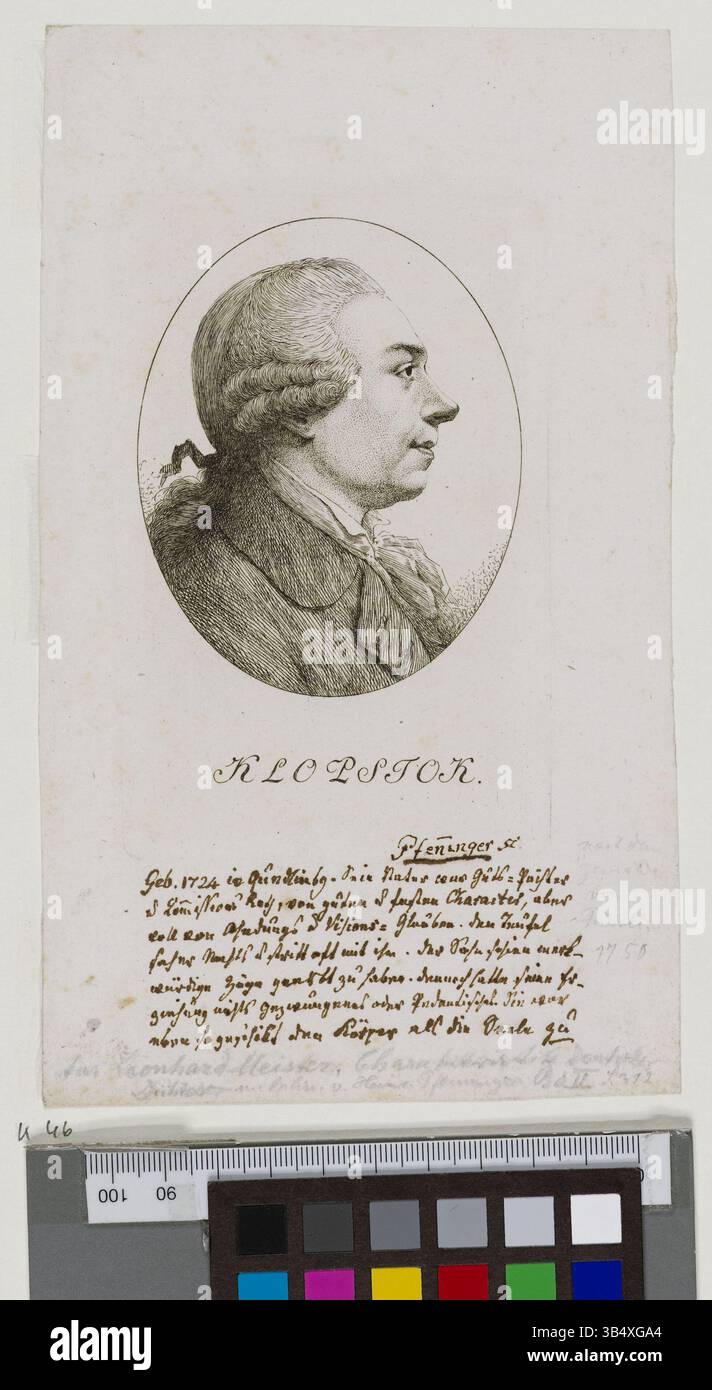 Das Porträt von Friedrich Gottlieb Klopstock von Heinrich Pfenninger, ein Kupferstich, ist in der Hamburger Staats- und Universitätsbibliothek Carl von Ossietzky untergebracht und zeigt den deutschen Dichter. Stockfoto