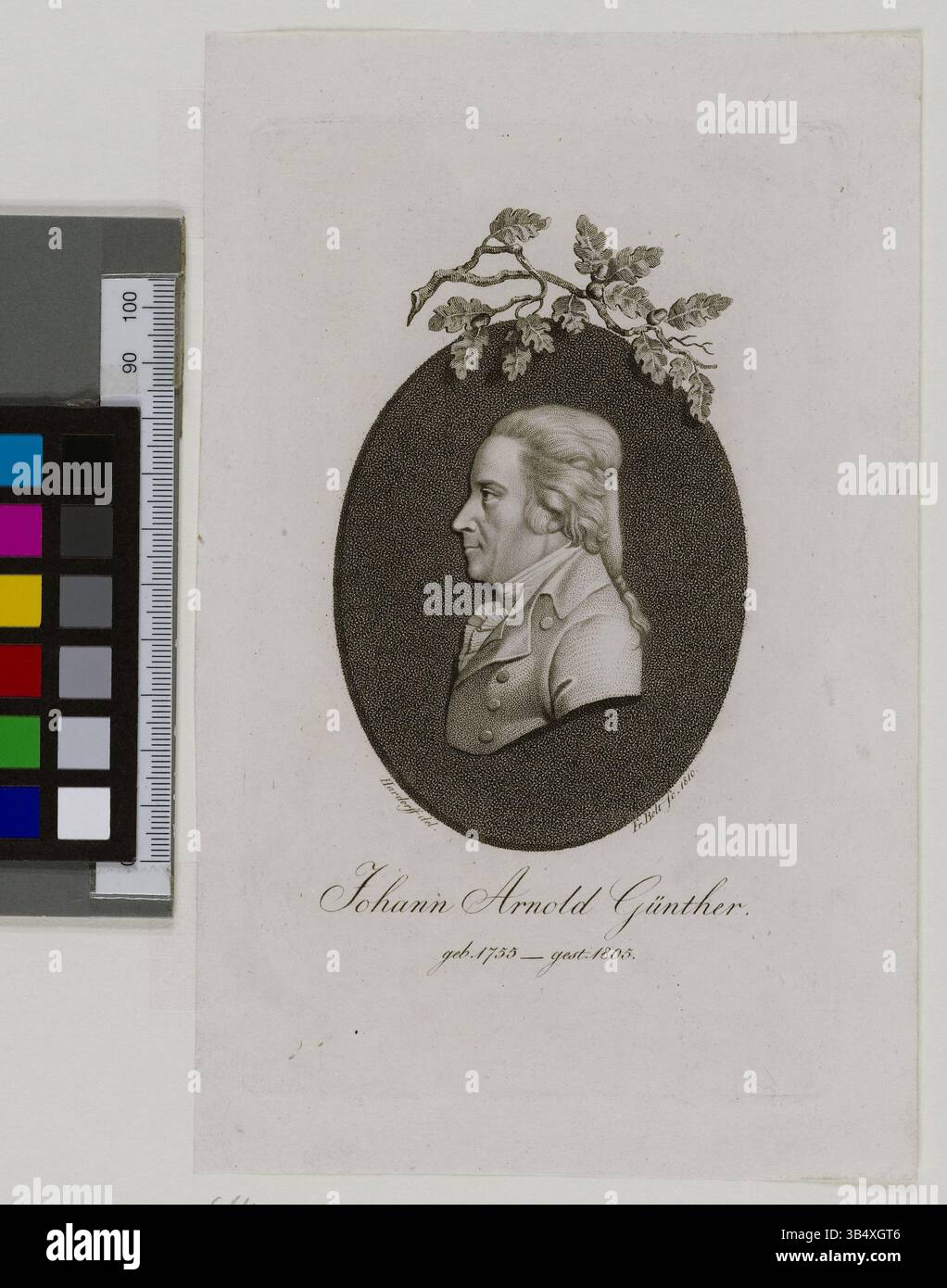 Der Kupferstich Johann Arnold Günthers aus dem Jahr 1810, geschaffen von Johann Friedrich Bolt und Gerdt Hardorff, unterstreicht Günthers wissenschaftliche Präsenz, die in formalen Gewändern dargestellt ist, die für akademische Persönlichkeiten des frühen 19. Jahrhunderts typisch sind. Stockfoto