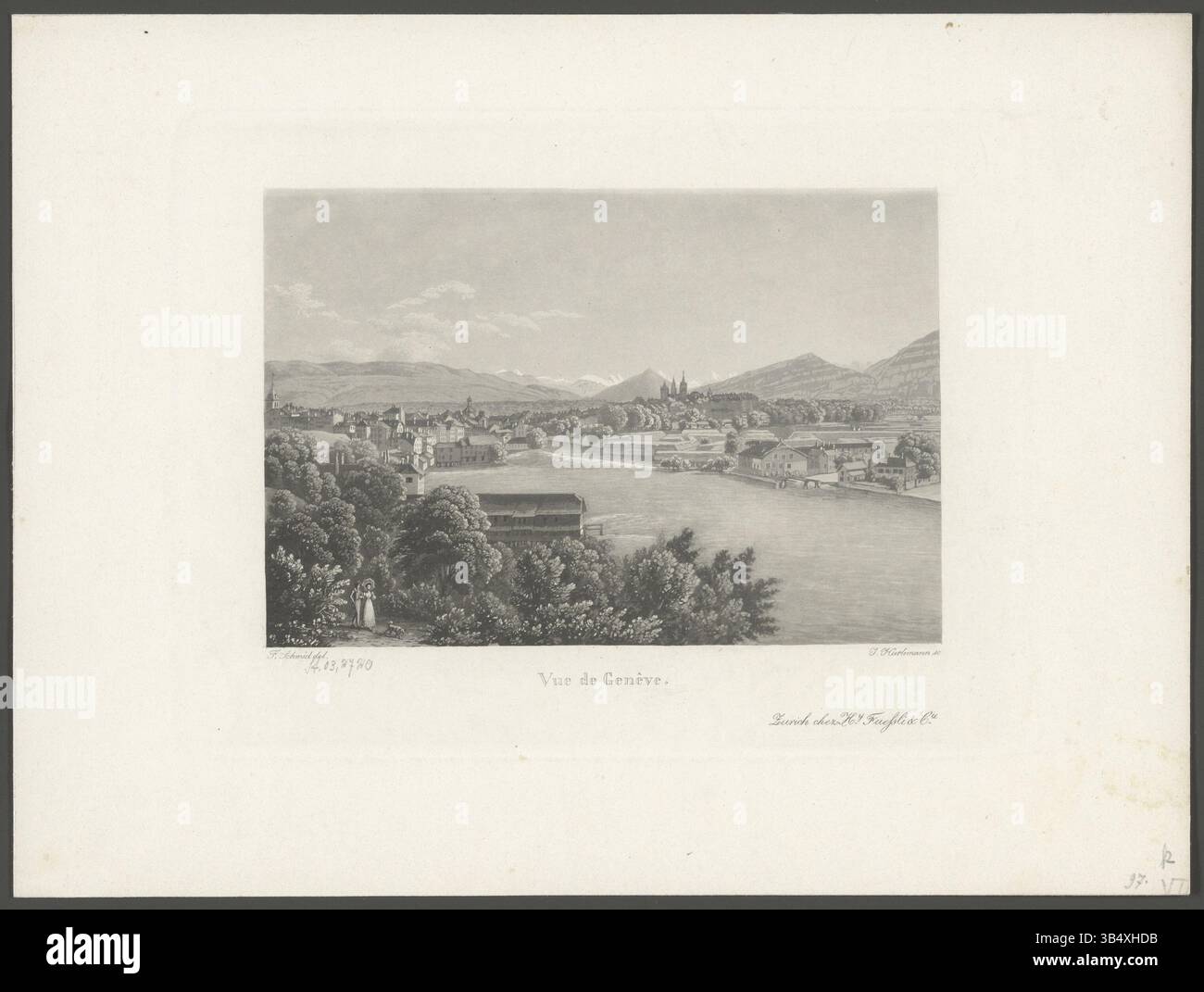 Ein Radierungs- und Aquatintdruck aus dem 19. Jahrhundert, der eine Ansicht von Genf darstellt, gezeichnet von Franz Schmid und von Johann Hürlimann graviert. Der Druck wurde vor 1850 von Heinrich Füssli & Co. In Zürich veröffentlicht und zeigt einen malerischen Blick auf die Stadt Genf. Stockfoto