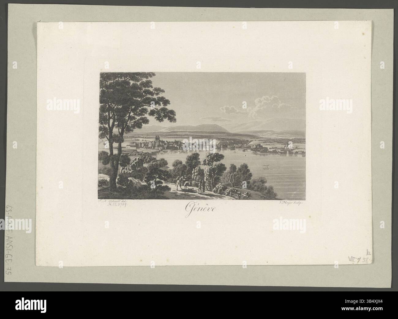 Der von Johann Jakob Meyer gegravierte Druck von David Alois Schmid zeigt Genf, die Hauptstadt des Kantons Genf in der Schweiz. Der um 1817 entstandene Druck zeigt die Wahrzeichen der Stadt und die malerische Aussicht. Stockfoto