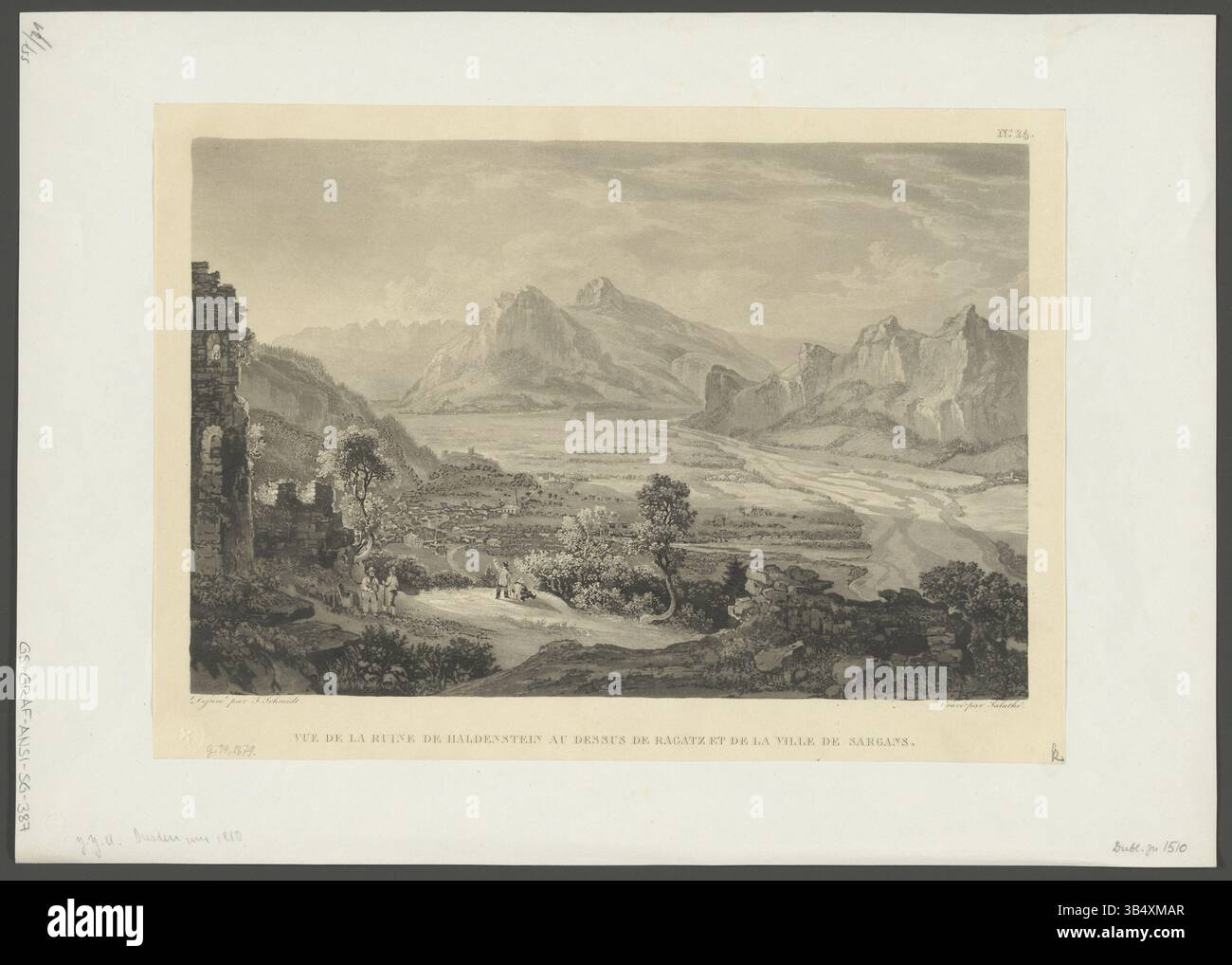 Dieser im frühen 19. Jahrhundert entstandene Druck von Johann Jakob Schmid zeigt die Ruine Haldenstein oberhalb der Schweizer Städte Ragatz und Sargans. Das Werk wurde von Friedrich Salathé geätzt und spiegelt die historische Bedeutung des Ortes wider. Stockfoto