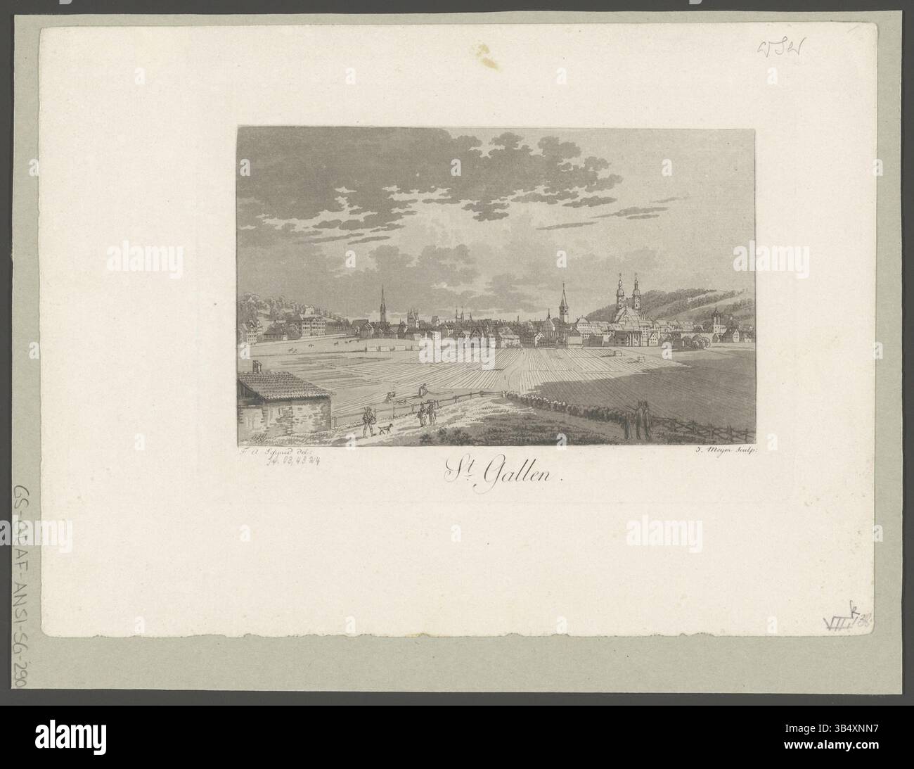 Ein Aquatint- und Radierdruck von David Alois Schmid und Johann Jakob Meyer, zeigt St. Gallen in der Schweiz. Der Druck zeigt die Architektur und die regionale Landschaft der Stadt. Stockfoto