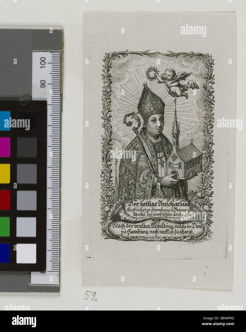 Porträt des Heiligen Ansgar mit dem Titel „der heilige Anscharius“, erstellt 1778 von Johann Caspar Patenti und Johann Christian Gottfried Fritzsch. Sie befindet sich in der Staats- und Universitätsbibliothek Hamburg. Stockfoto