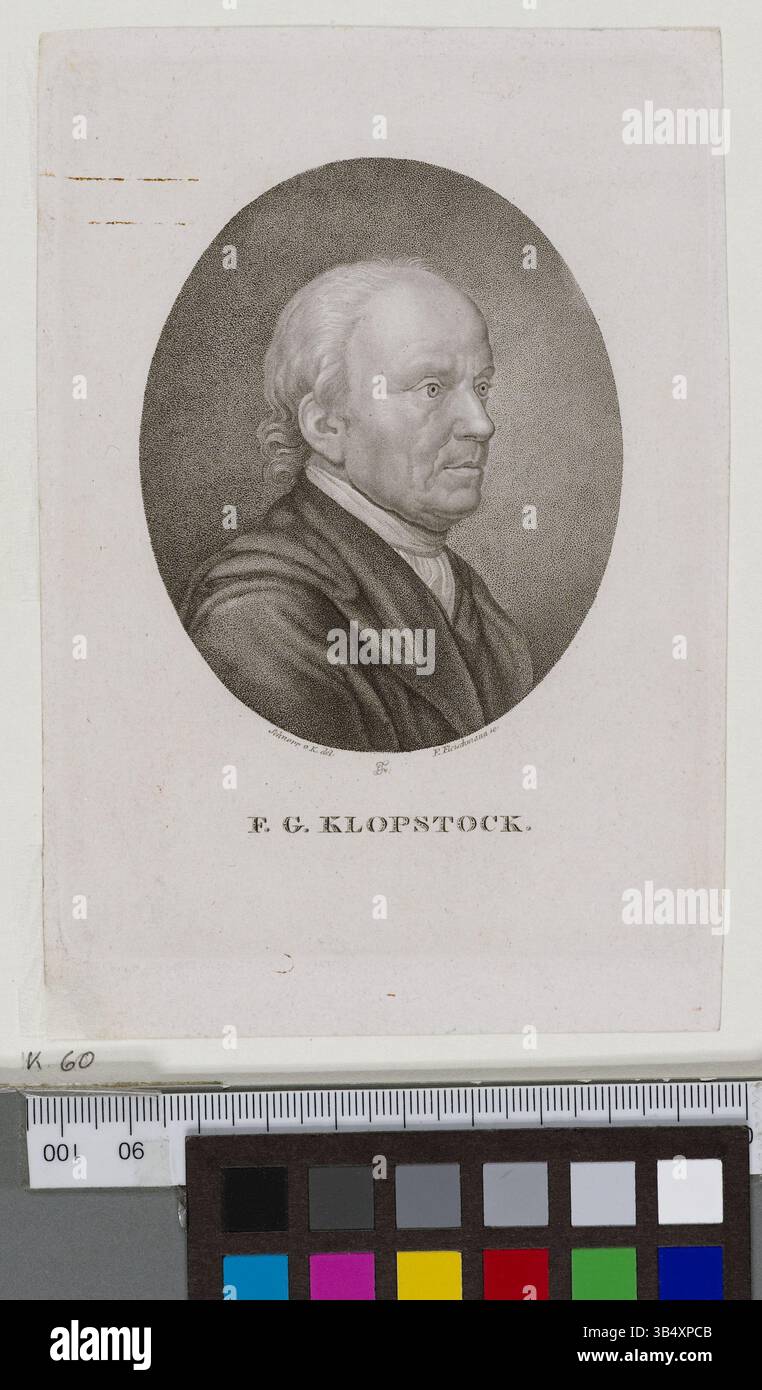 Dieser Kupferstich zeigt Friedrich Gottlieb Klopstock, einen einflussreichen deutschen Dichter. Sein Beitrag zur deutschen Literatur wird in diesem historischen Porträt in der Staats- und Universitätsbibliothek Hamburg gezeigt. Stockfoto