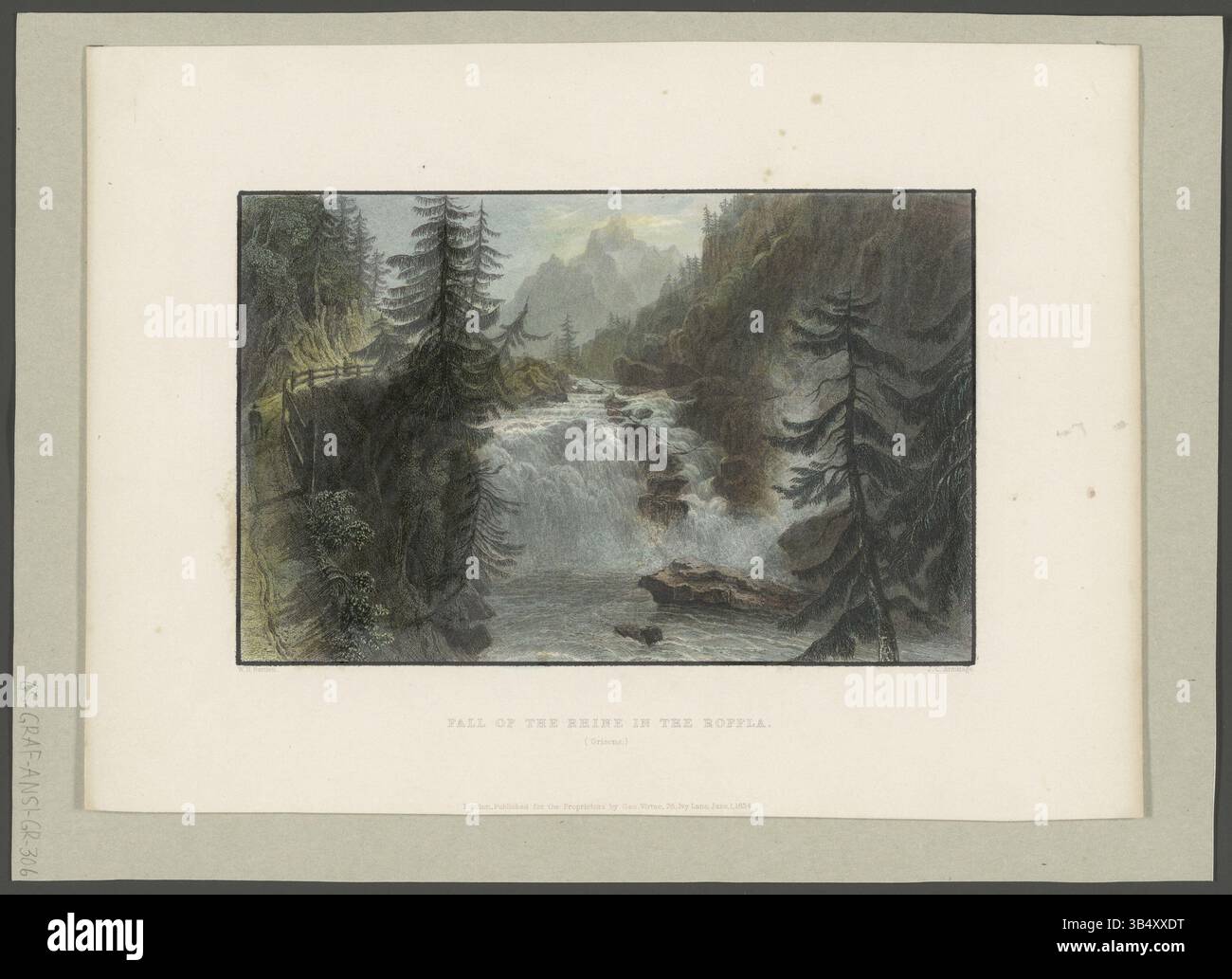 Ein Stahlstich von 1834 von William Henry Bartlett, der den Fall des Rheins in der Roffla (Bündner) darstellt. Das von James Charles Armytage eingravierte Kunstwerk wurde von George Virtue in London veröffentlicht und zeigt die dramatische Alpenlandschaft des Rheins. Stockfoto