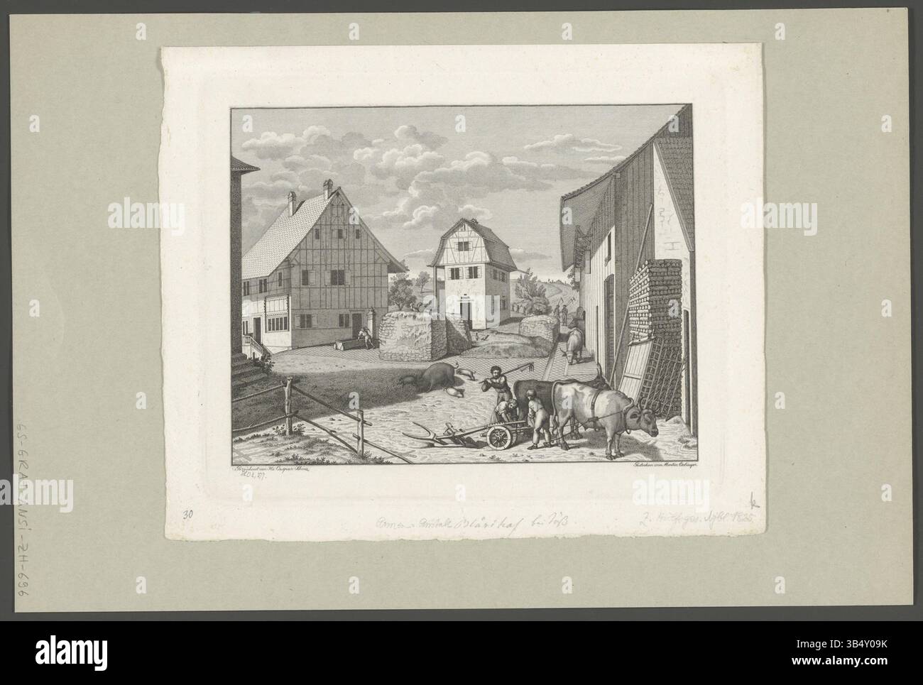 Diese Gravur von Johann Caspar Schinz aus dem Jahr 1825 zeigt den Bläsihof, eine gemeinnützige Einrichtung in Töss, Schweiz. Das Kunstwerk zeigt das Gebäude und seine Umgebung und bietet einen Einblick in das ländliche Leben und die Institutionen der Schweiz des frühen 19. Jahrhunderts. Stockfoto