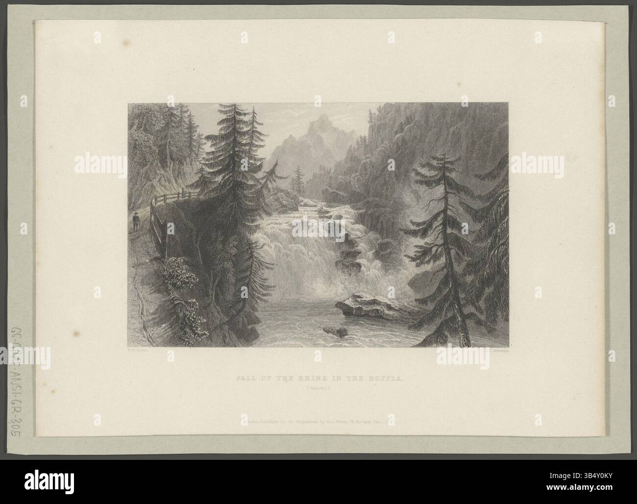Ein Stahlstich von 1834 von William Henry Bartlett, der den Fall des Rheins in der Roffla (Bündner) darstellt. Das von James Charles Armytage eingravierte Kunstwerk wurde von George Virtue in London veröffentlicht und zeigt eine dramatische Landschaft der Schweizer Alpen. Stockfoto