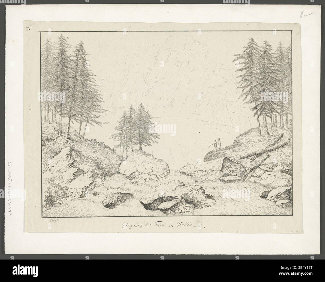 Um 1797 ist ein Radierdruck mit dem Titel „La Source du Trient“ von Heinrich Pfenninger, der die Quelle des Trient-Flusses in Wallis, Schweiz, darstellt. Gedruckt für die Schweizerische Nationalbibliothek. Stockfoto