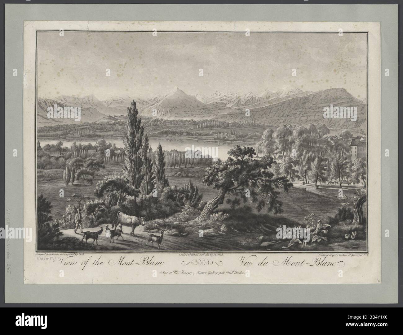 Mezzotint und Radierdruck von Johann Heinrich Troll, mit Blick auf den Mont-Blanc, veröffentlicht 1811, stichig von Troll. Der Druck ist Teil der Serie „Historie Gallery“ in London. Stockfoto