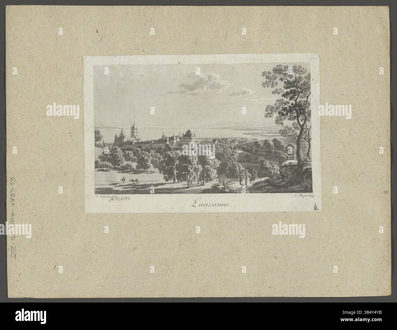 Dieser Aquatintdruck nach 1829, geschaffen von Franz Schmid und Johann Jakob Meyer, zeigt einen Blick auf Lausanne und fokussiert auf die detaillierte Stadtlandschaft. Stockfoto