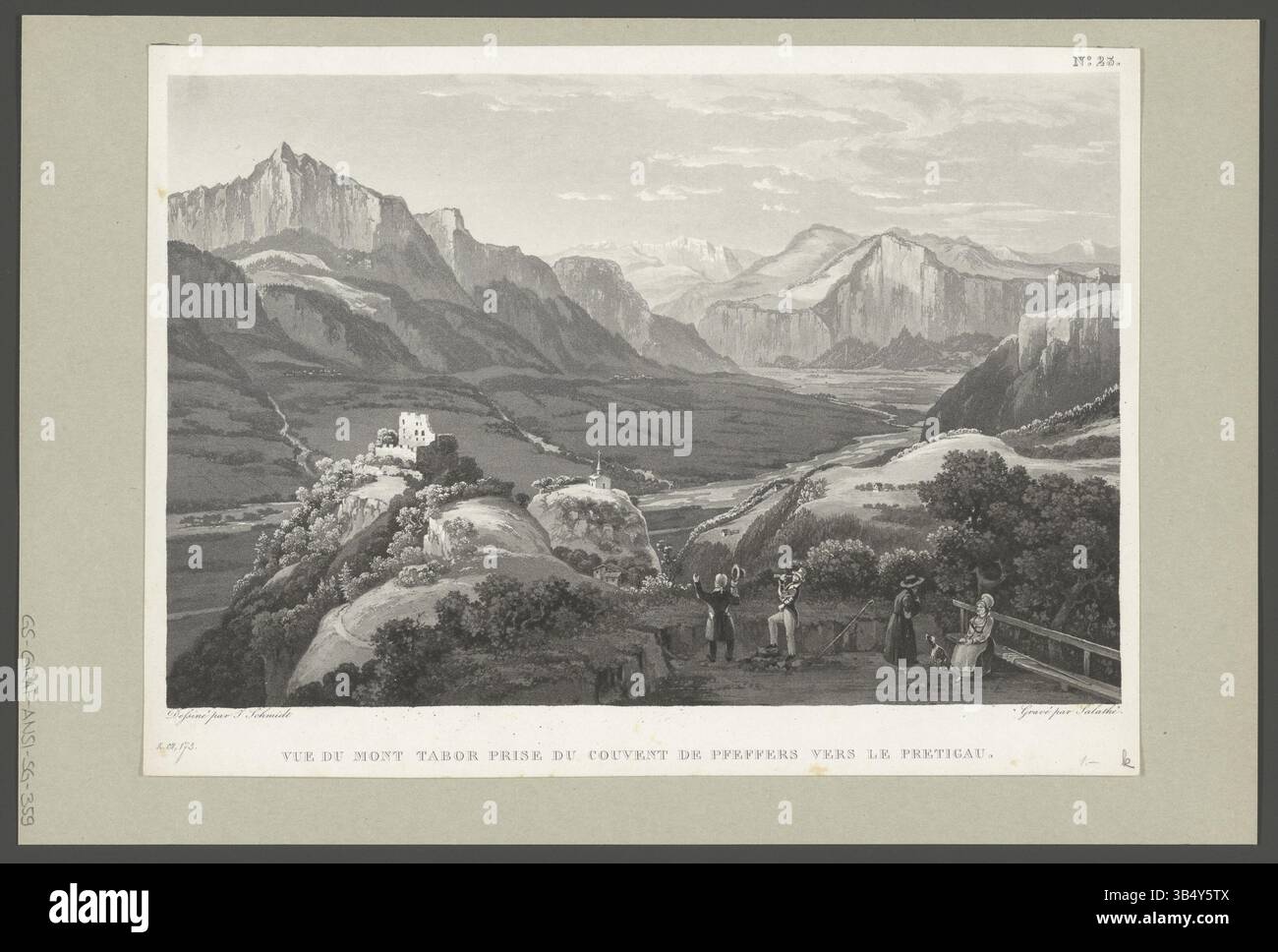 Aquatint-Druck aus der Schweizerischen Nationalbibliothek, der den Tabor aus dem Pfefferkloster zeigt, mit einem malerischen Blick auf die Prättigau Region. Geschaffen von Johann Jakob Schmid und Friedrich Salathé. Stockfoto