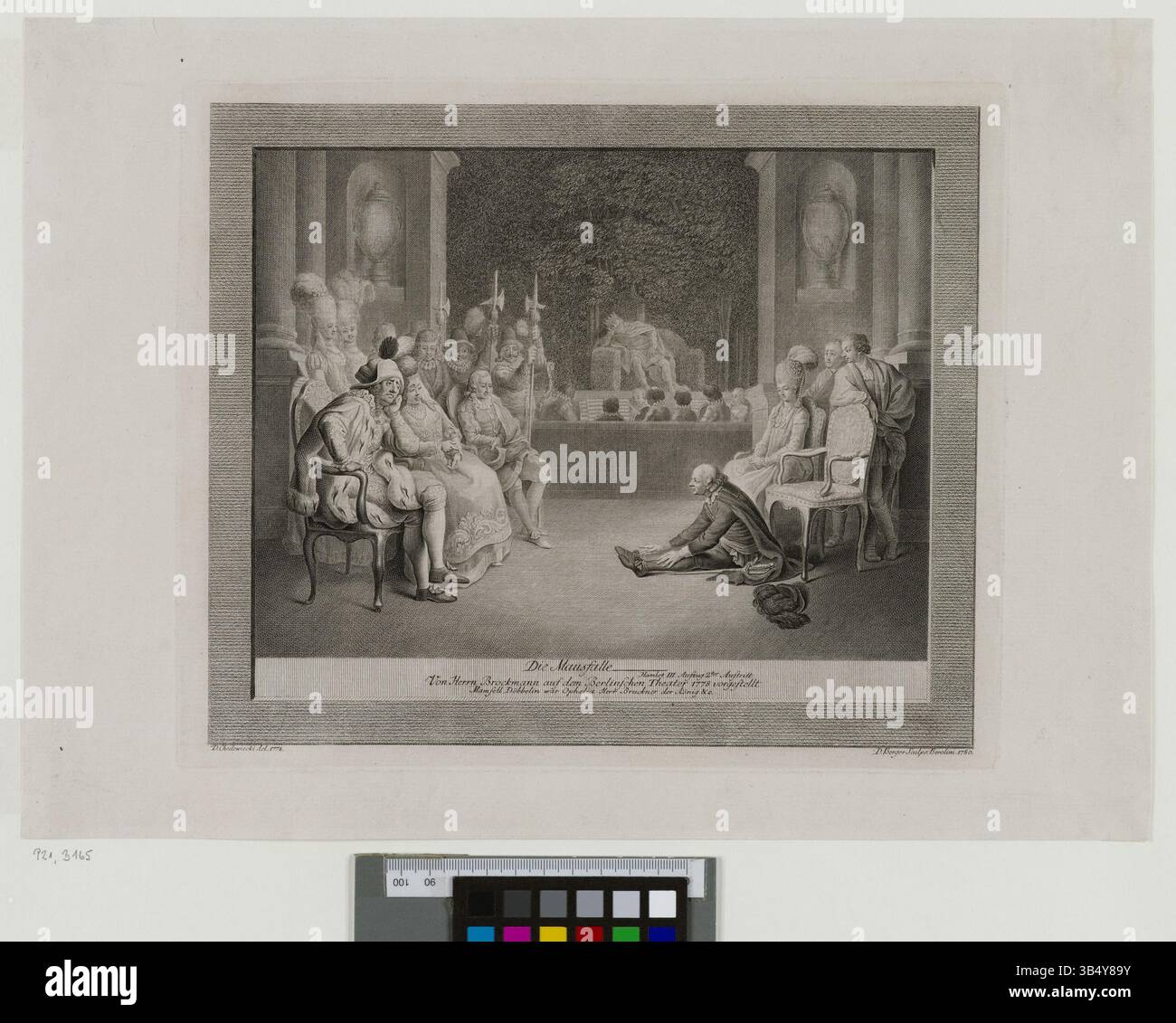 Dieser Kupferstich von Daniel Berger und Daniel Chodowiecki aus dem Jahr 1780 zeigt Porträts von Franz Brockmann, Caroline Maximiliane Döbbelin und Bruckner, die in der Staats- und Universitätsbibliothek Hamburg aufbewahrt wurden. Stockfoto