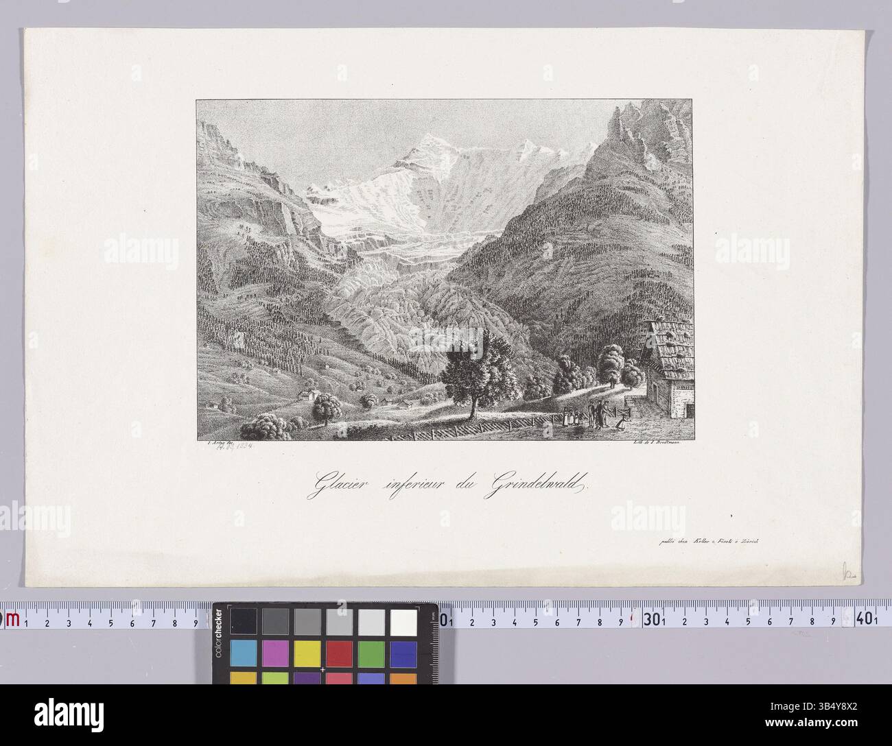 Lithographie von Paul Julius Arter und Joseph Brodtmann, die den unteren Grindelwaldgletscher von Osten zeigt. Die Kreidelithographie aus dem 19. Jahrhundert wurde von Keller & Füßli in Zürich veröffentlicht. Stockfoto