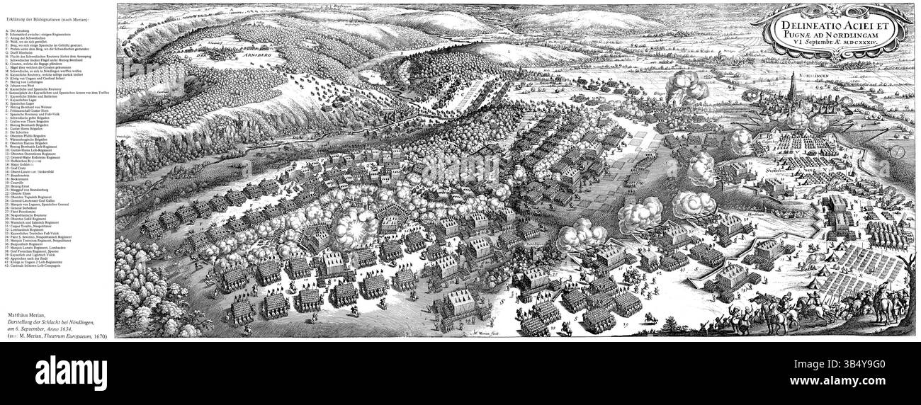 Matthäus Merians Gravur der Schlacht bei Nördlingen von 1670 (1634) erfasst den heftigen Konflikt während des Dreißigjährigen Krieges. Der detailreiche Druck zeigt die wichtigsten Militärfiguren und die dramatischen Schlachtszenen und zeigt Merians Geschick in der Darstellung historischer Ereignisse. Stockfoto