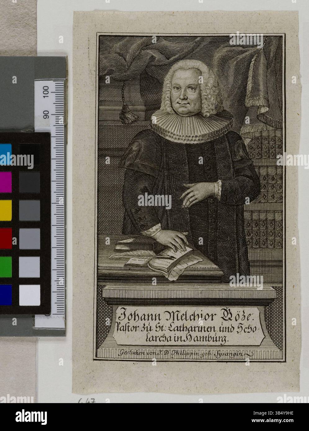 Kupferstich von Johann Melchior Goeze von Johanna Dorothea Philipp, Teil der Sammlung der Staats- und Universitätsbibliothek Hamburg, Carl von Ossietzky. Das Porträt erfasst Goeze mit detailreicher Präzision. Stockfoto