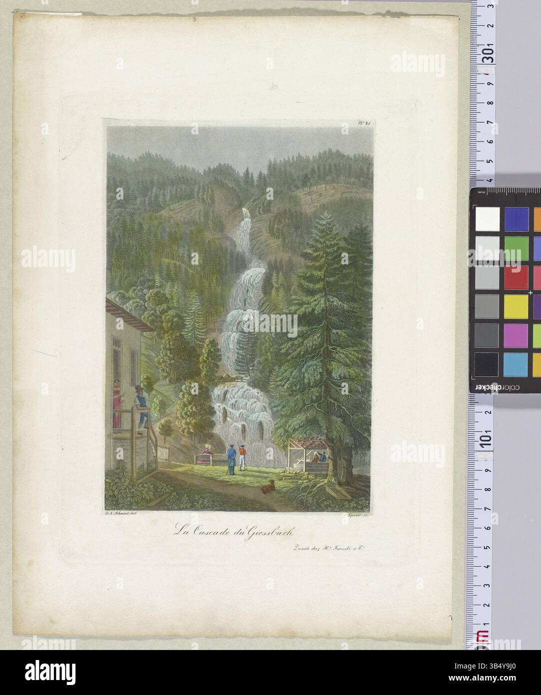 La Cascade du Giessbach, ein ikonischer Wasserfall in der Schweiz, dargestellt in diesem Aquatintstich aus dem 19. Jahrhundert. Der Druck bietet einen detaillierten, malerischen Blick auf den Wasserfall, wobei die umliegende Landschaft und die Wasserelemente detailgetreu erfasst werden. Stockfoto