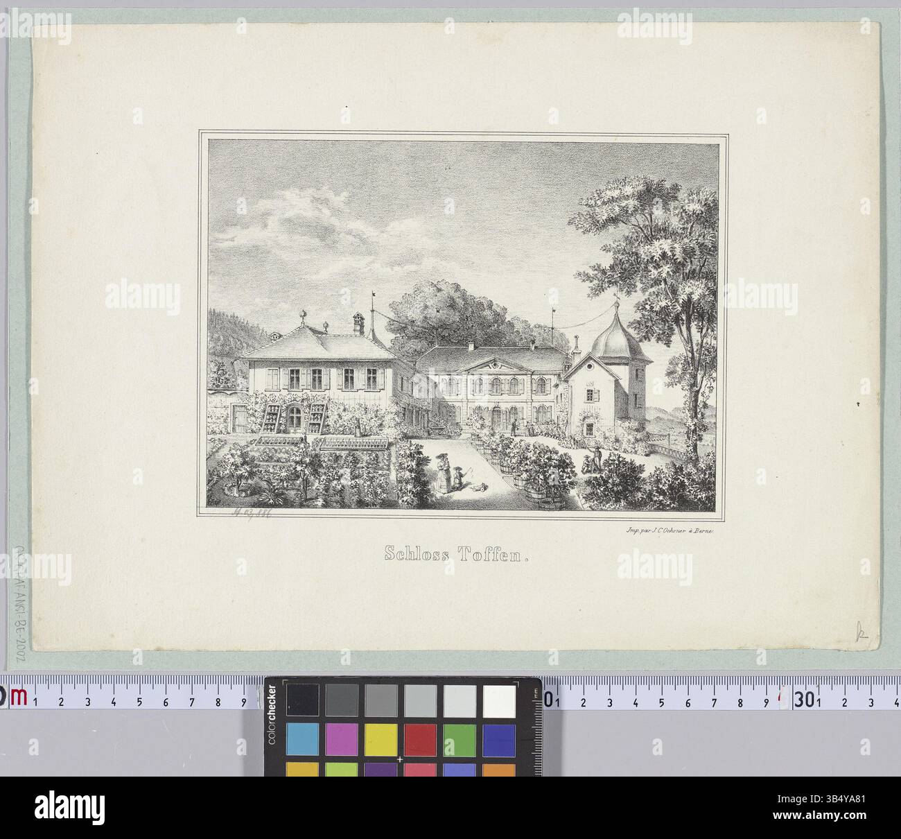 Lithographie von Johann Caspar Ochsner, um 1840 erstellt, die Schloss Toffen von Süden darstellt. Der Druck ist eine Kreidelithographie in Schwarz-weiß, die in Bern veröffentlicht wurde. Stockfoto