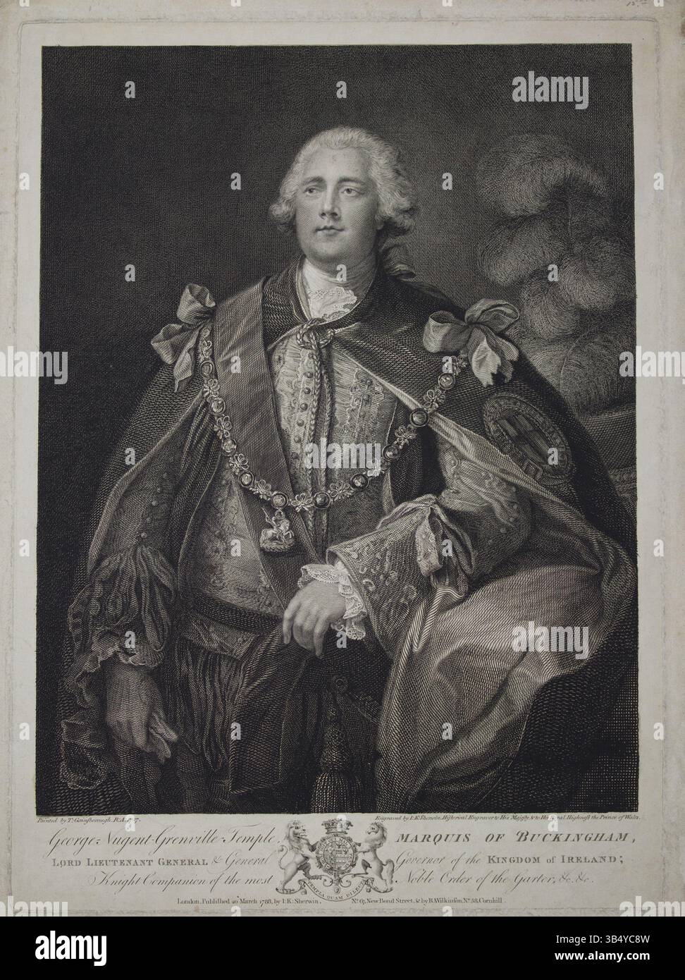 Dieser 1788 erschienene Druck von John Keyse Sherwin nach Thomas Gainsborough zeigt George Nugent Grenville Temple, einen britischen Adligen. Das Werk unterstreicht die Eleganz und Raffinesse, die typisch für Porträts aus dem 18. Jahrhundert sind. Stockfoto