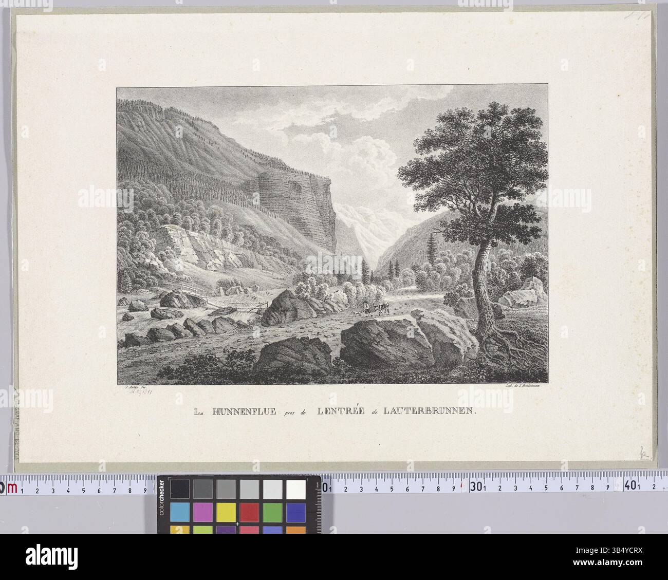 Lithographie von Paul Julius Arter und Joseph Brodtmann, die die Hunnenflue am Eingang zu Lauterbrunnen in der Schweiz darstellt. Diese Kreidelithographie aus dem 19. Jahrhundert zeigt eine Brücke und die umliegende Landschaft. Stockfoto