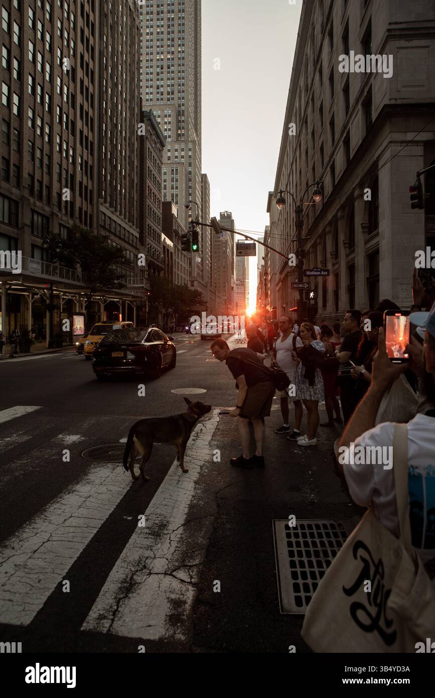 11. Juli 2022: Die Menschen versammelten sich am 11,2022. Juli, um Manhattanhenge des Jahres in der 42nd Street Grand Central und 34 Street in Manhattan, New York City, zu sehen. (Bild: © Jashim Salam/ZUMA Press Wire) Stockfoto