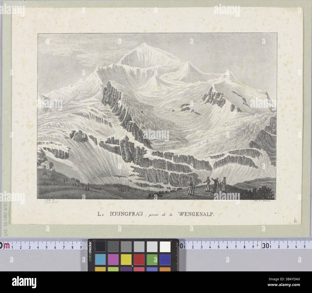 Lithographie von Paul Julius Arter und Joseph Brodtmann von der Jungfrau aus Wengenalp, einem berühmten Schweizer Berg. Der Druck aus dem 19. Jahrhundert ist eine Kreide-Lithographie in Schwarz-weiß. Stockfoto